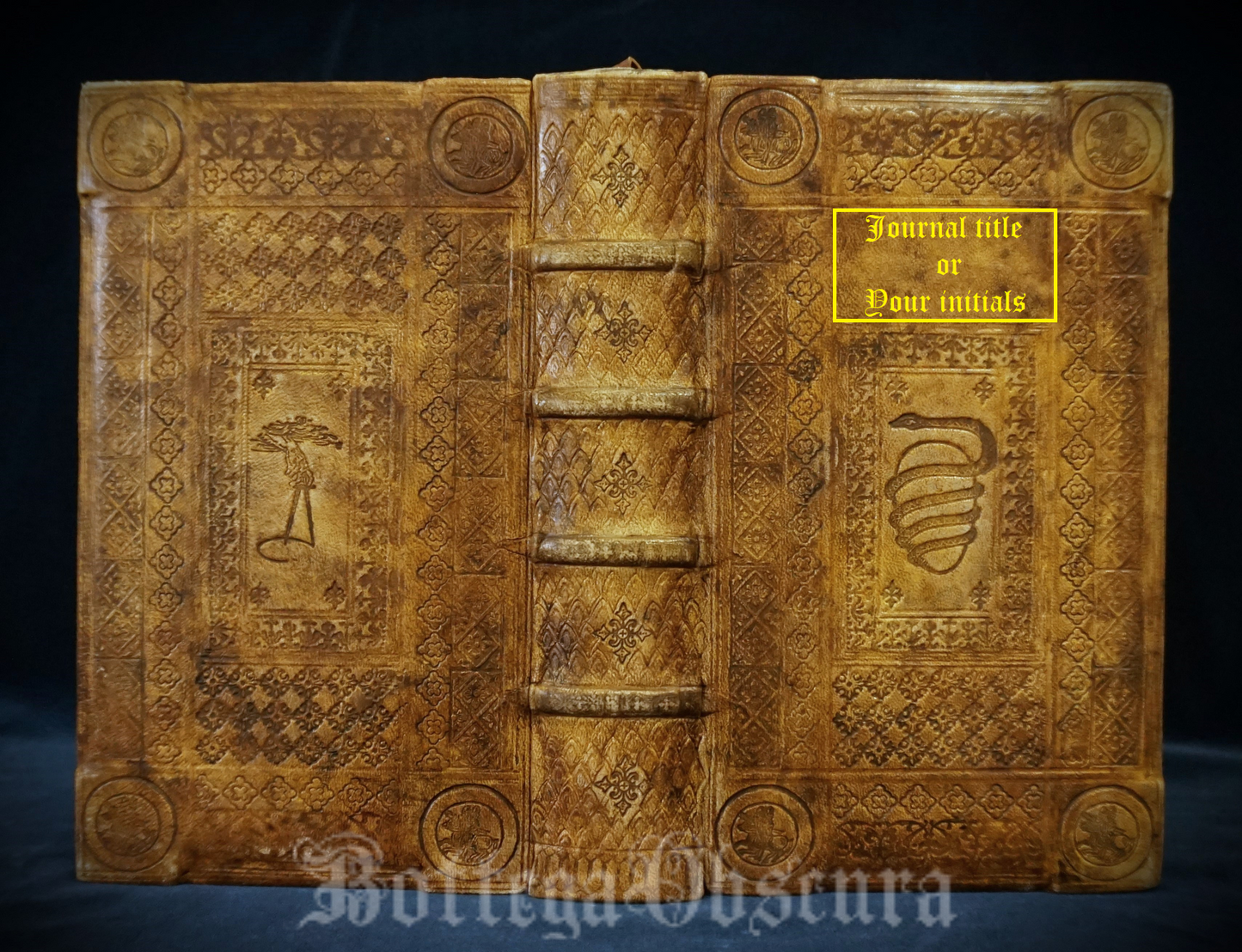Journal, Medieval style Orphic egg symbol journal, medium size journal, hand sewn and hand bound, personalize journal with engraving